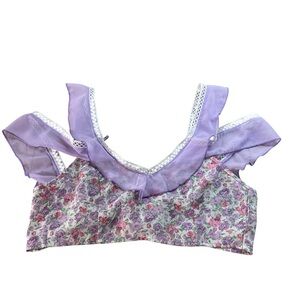 Suzanne Betro Floral Crop Top Purple Sheer Ruffle Boho Bra Cottagecore Size S